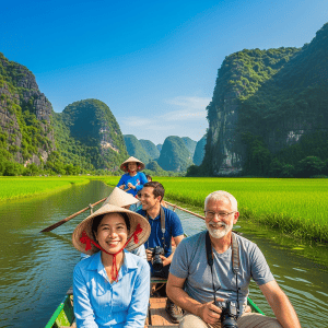 Real travelers on bamboo boat in Tam Coc, Ninh Binh – scenic rice fields and limestone cliffs